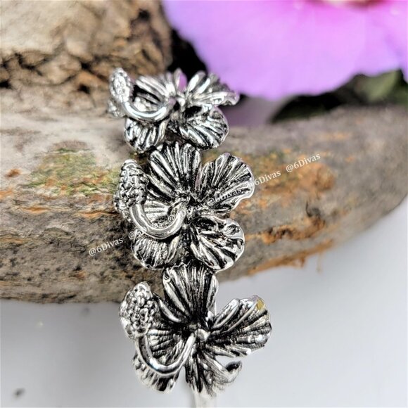 RHODIUM Cuff Bracelet Hibiscus Flowers Antique Rhodium Plating - Picture 6 of 11